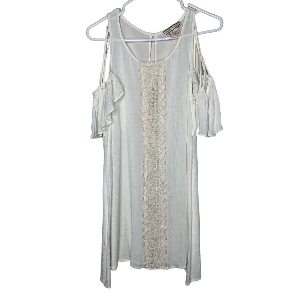 FLYING TOMATO Women's Small Ivory BOHO Dress Lace Cutout Mini Flutter Sl…